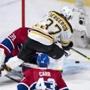 Boston Bruins' Patrice Bergeron (37) scores past Montreal Canadiens' goalie Mike Condon as Canadiens' Daniel Carr looks on during third period NHL hockey action, in Montreal, on Wednesday, Dec. 9, 2015. The Bruins defeated the Canadiens 3-1. (Paul Chiasson/The Canadian Press via AP)