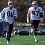 Foxborough, MA - 12/10/15 - New England Patriots tight end Scott Chandler and New England Patriots tight end Rob Gronkowski at Patriots practice in Foxborough. - (Barry Chin/Globe Staff), Section: Sports, Reporter: Michael Whitmer, Topic: 11Patriots, LOID: 8.2.751969431. 