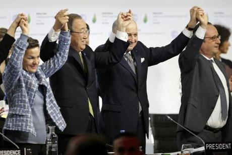 From left: Christiana Figueres, Executive Secretary of the UN Framework Convention on Climate Change, United Nations Secretary-General Ban Ki-moon, French Foreign Affairs Minister Laurent Fabius, and French President Francois Hollande.

