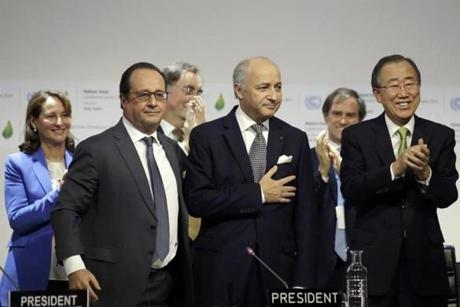 From left: President Francois Hollande of France; Laurent Fabius, the French foreign minister; and United Nations Secretary General Ban Ki-moon at the climate change conference in Le Bourget, outside Paris. 
