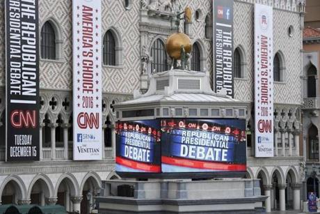 Signs outside the Venetian hotel on the Las Vegas Strip announce the upcoming Republican presidential debate, hosted by CNN, December 14, 2015, in Las Vegas, Nevada. On the main stage for the December 15 GOP debate, the fifth of the primary season, will be businessman Donald Trump, Texas Sen. Ted Cruz, retired neurosurgeon Ben Carson, Florida Sen. Marco Rubio, former Florida Gov. Jeb Bush, businesswoman Carly Fiorina, Ohio Gov. John Kasich, New Jersey Gov. Chris Christie, and Kentucky Sen. Rand Paul. AFP PHOTO / ROBYN BECKROBYN BECK/AFP/Getty Images
