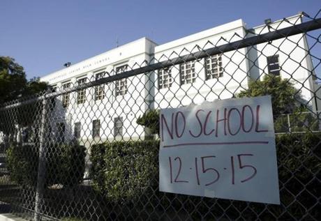 A sign was posted at Florence Nightingale Middle School in the Cypress Park neighborhood of Los Angeles on Tuesday.
