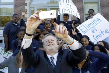 Governor Baker took a selfie with Brooke Charter School after an announcement. 
