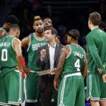 Celtics coach Brad Stevens draws up a play during this second-half timeout Wednesday at Detroit. 