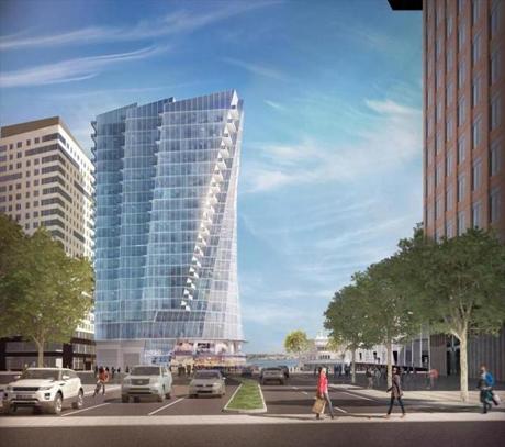 A rendering of the 22-story residential building planned for the South Boston Waterfront.
