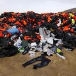 Thousants of life vests left by migrants and refugees piled up at a garbage dump in Lesbos, Greece, earlier this year.