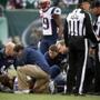 Patriots left tackle Sebastian Vollmer, injured in the first quarter, was carted off the field with a leg injury.  