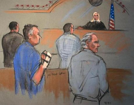 A courtroom sketch shows Teamsters members during their arraignments on extortion charges stemming from an alleged incident concerning the 