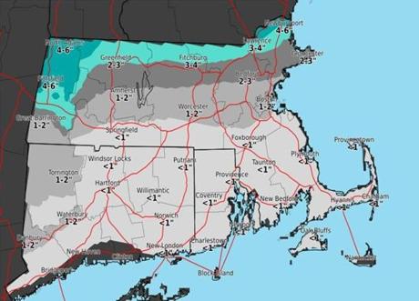 A National Weather Service forecast map shows snow amounts tapering from north to south.
