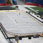 The rink for Friday?s Winter Classic at Gillette Stadium took hundreds of workers and thousands of man-hours to complete. 