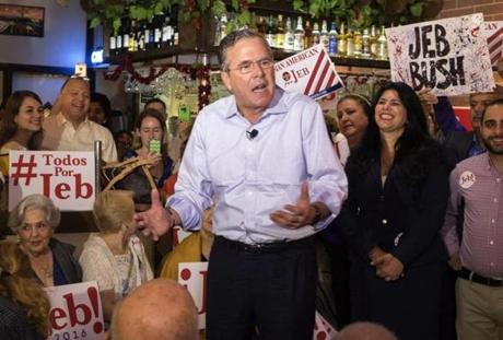 epaselect epa05082404 Former Florida governor, John Ellis 'Jeb' Bush (C), speaks during a meet and greet event at Chicoâ??s restaurant in Hialeah, Florida, USA, 28 December 2015. Jeb Bush is the third member of his family to seek the nation's highest office after his father, George Bush, who won the office in 1988, and his brother, George W. Bush, who claimed it in 2000. EPA/CRISTOBAL HERRERA

