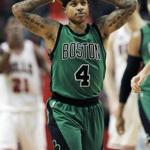 Boston Celtics' Isaiah Thomas (4), reacts after turning over the ball during the second half of an NBA basketball game against the Chicago Bulls Thursday, Jan. 7, 2016, in Chicago. Chicago won 101-92. (AP Photo/Paul Beaty)