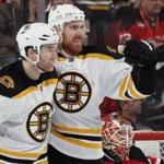 NEWARK, NJ - JANUARY 08: Brett Connolly #14 (l) and Jimmy Hayes #11 (r) of the Boston Bruins celebrate Hayes' powerplay goal at 18:35 of the second period against the Boston Bruins at the Prudential Center on January 8, 2016 in Newark, New Jersey. (Photo by Bruce Bennett/Getty Images)