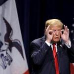 U.S. Republican presidential candidate Donald Trump gestures during his speech at the Bridge View Center in Ottumwa, Iowa. 