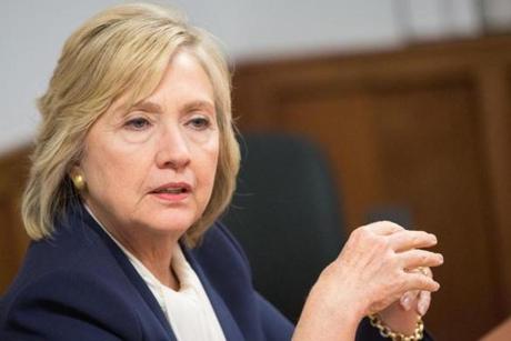 US Democratic presidential candidate Hillary Clinton spoke to the editorial board of the Boston Globe during a meeting at Southern New Hampshire University in Manchester on Sunday.
