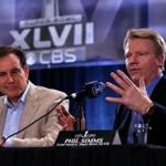 CBS Sports announcers Jim Nantz (left) and Phil Simms spoke before the Super Bowl in 2013.