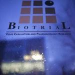 A logo was seen on a glass sign in front of the entrance of the Biotrial laboratory building in Rennes, France. 