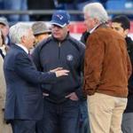 From left: Patriots owner Robert Kraft, Boston Mayor Marty Walsh, and General Electric chief executive Jeffrey R. Immelt were on the sidelines before Saturday?s game.