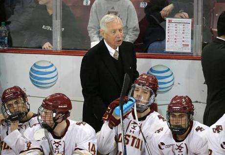 Chestnut Hill MA 1/15/16 Boston College head coach Jerry York on the bench against Boston University during first period action at Conte Forum on Friday January 15, 2016. (Matthew J. Lee/Globe staff) Topic: Reporter: 
