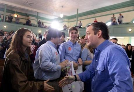 EXETER, NH - JANUARY 20: Republican Presidential candidate Ted Cruz shakes hands with supporters prior to speaking at Exeter Town Hall January 20, 2016 in Exeter, New Hampshire. Cruz is fighting to maintain a slim lead in Iowa and to gain on front runner Donald Trump in New Hampshire. (Photo by Darren McCollester/Getty Images)
