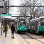 A Green Line train made its way through Waban Station. 