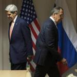 Secretary of State John Kerry and Russian Foreign Minister Sergey Lavrov walk to their seats for a meeting in Zurich, Jan. 20, 2016. Kerry and Lavrov met Wednesday to try to iron out differences that increasingly threaten to scuttle or postpone peace talks on Syria scheduled to begin next week. (Jacquelyn Martin/Pool via The New York Times) -- FOR EDITORIAL USE ONLY. --