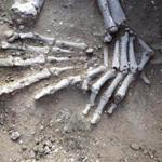 The skeleton of a woman found with fractures on the knees on the ancient shore of Lake Turkana in Kenya. 