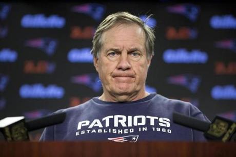 1/25/2016 - Foxboro, MA - Gillette Stadium - New England Patriots head coach Bill Belichick spoke to the media during a season-end press conference in the media workroom at Gillette Stadium on Monday, January 25, 2016, the morning after the Patriots lost to the Denver Broncos in the AFC Championships. Topic: Patriotspic. Dina Rudick/Globe Staff
