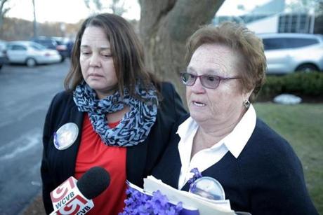 Natick, MA - 02/02/16 - Regina Marsh (right), the mother of murder victim Patrick Seymour, and Paula Todisco (both names cq), his sister, talk to media after the parole hearing of Richard Seymour, who was convicted of killing his son Patrick some 30 years ago. Lane Turner/Globe Staff Section: METRO Reporter: astead herndon Slug: 03parole
