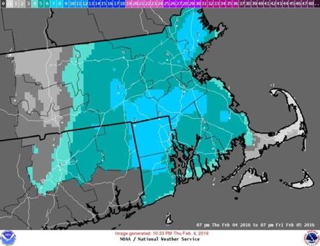 This National Weather Service map shows the likely snow fall from an overnight winter storm. 
