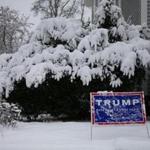A campaign sign for Republican presidential candidate Donald Trump is seen during Friday?s storm in Concord, N.H. 
