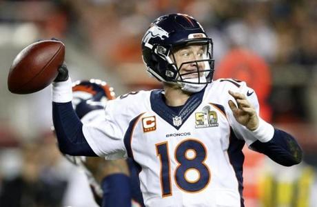 Broncos quarterback Peyton Manning finished the Super Bowl 13 of 23 for 141 yards with an interception.
