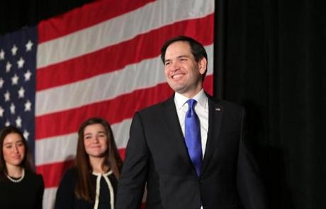 Marco Rubio made his entrance at his New Hampshire primary night watch party in Manchester, N.H. 
