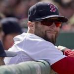 Boston MA 4/19/15 Boston Red Sox Dustin Pedroia watching the game from the bench aganst the Baltimore Orioles during fifth inning action at Fenway Park on Sunday April 19, 2015. (Matthew J. Lee/Globe staff) Topic: Red Sox-Orioles Reporter: Peter Abraham