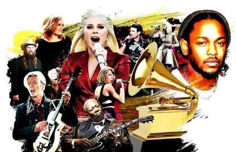 Clockwise from top left: Adele, Lady Gaga, Sam Hunt, Carrie Underwood, Kendrick Lamar, Taylor Swift, B.B King, David Bowie, Chris Stapleton.
