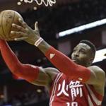 Houston Rockets' Dwight Howard goes to the basket against the Portland Trail Blazers in the second half of an NBA basketball game Saturday, Feb. 6, 2016, in Houston. Portland won 96-79. (AP Photo/Pat Sullivan)