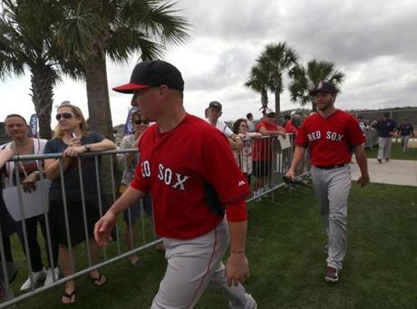 Fort Myers, FL - 02/28/15 - Boston Red Sox catcher Christian Vazquez and Boston Red Sox catcher Blake Swihart move between training fields to take batting practice. Red Sox Spring Training. (Barry Chin/Globe Staff), Section: Sports, Reporter: Peter Abraham, Topic: 01Red Sox, LOID: 8.0.2826364469. 
