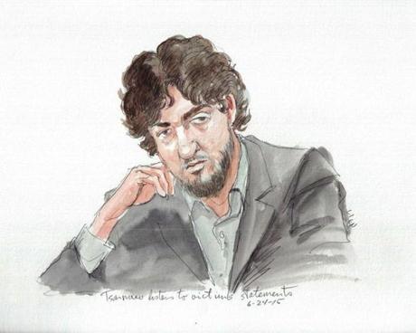 A courtroom sketch of Dzhokhar Tsarnaev.

