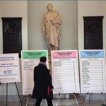 Examples of presidential primary ballots were displayed in Doric Hall at the Mass. State House. 