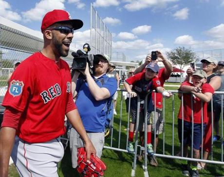 02/19/16: Fort Myers, FL: FOR POSSIBLE USE WITH SHAUGHNESSY COLUMN......... Today was the first official day of Spring Training for Red Sox pitchers and catchers at Jet Blue South, and new Boston ace David Price may find the media and fan attention a little different from the other cities he has played in. (Globe Staff Photo/Jim Davis) section:sports topic:spring training
