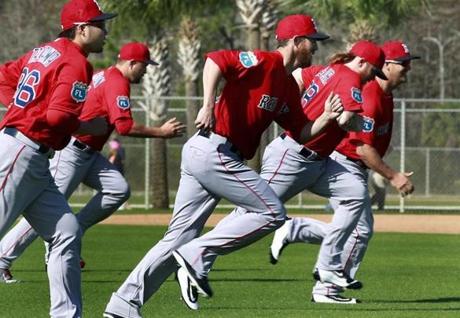 02/19/16: Fort Myers, FL: Today was the first official day of Spring Training for Red Sox pitchers and catchers at Jet Blue South agroup of pitchers are pictured doing wind sprints at the start of the day. (Globe Staff Photo/Jim Davis) section:sports topic:spring training
