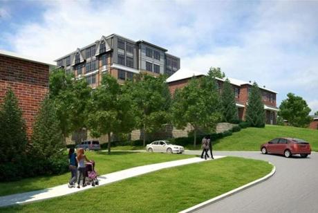 A rendering of the Chapter 40B affordable housing complex proposed for Hancock Village in South Brookline. Other developments are being proposed in Chestnut Hill and Coolidge Corner. 
