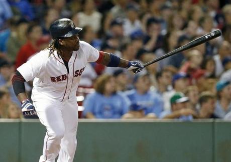 Boston Red Sox's Hanley Ramirez watches his double during the eighth inning of a baseball game against the Kansas City Royals in Boston, Saturday, Aug. 22, 2015. (AP Photo/Michael Dwyer)
