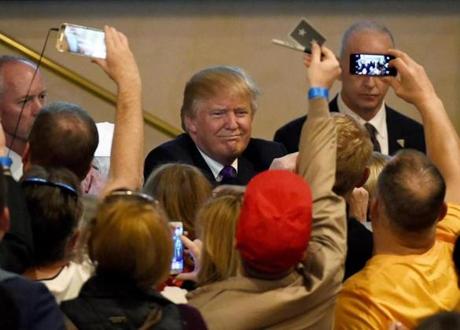 Donald Trump greeted supporters after speaking at a caucus night watch party in Las Vegas Tuesday.

