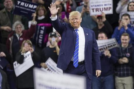 Lowell, MA - 1/4/2016 - U.S. Republican Presidential Candidate Donald Trump takes the stage for a campaign rally to start at the UMass Tsongas Center in Lowell, MA, January 4, 2016. (Keith Bedford/Globe Staff) 
