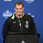 Kansas State running back Glenn Gronkowski speaks during a press conference at the NFL football scouting combine in Indianapolis, Thursday, Feb. 25, 2016. (AP Photo/Michael Conroy)