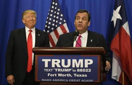 New Jersey Governor Chris Christie stood with Republican front-runner Donald Trump during a campaign event in Forth Worth, Texas, Friday. 
