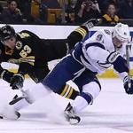 Boston MA 2/28/16 Boston Bruins Brad Marchand is called for a penalty on Tampa Bay Lightning Tyler Johnson setting up a goal scoring penalty shot during second period action at the TD Garden on Sunday February 28, 2016. (Photo by Matthew J. Lee/Globe staff)
