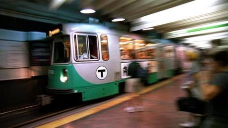 A Green Line train leaves Park Street Station.
