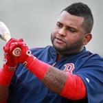 02/23/16: Fort Myers, FL: Red Sox 3B Pablo Sandoval is pictured as he waits for his turn in the cage for batting practice during today's workout. Spring Training for Red Sox players continued at Jet Blue South.(Globe Staff Photo/Jim Davis) section:sports topic:spring training